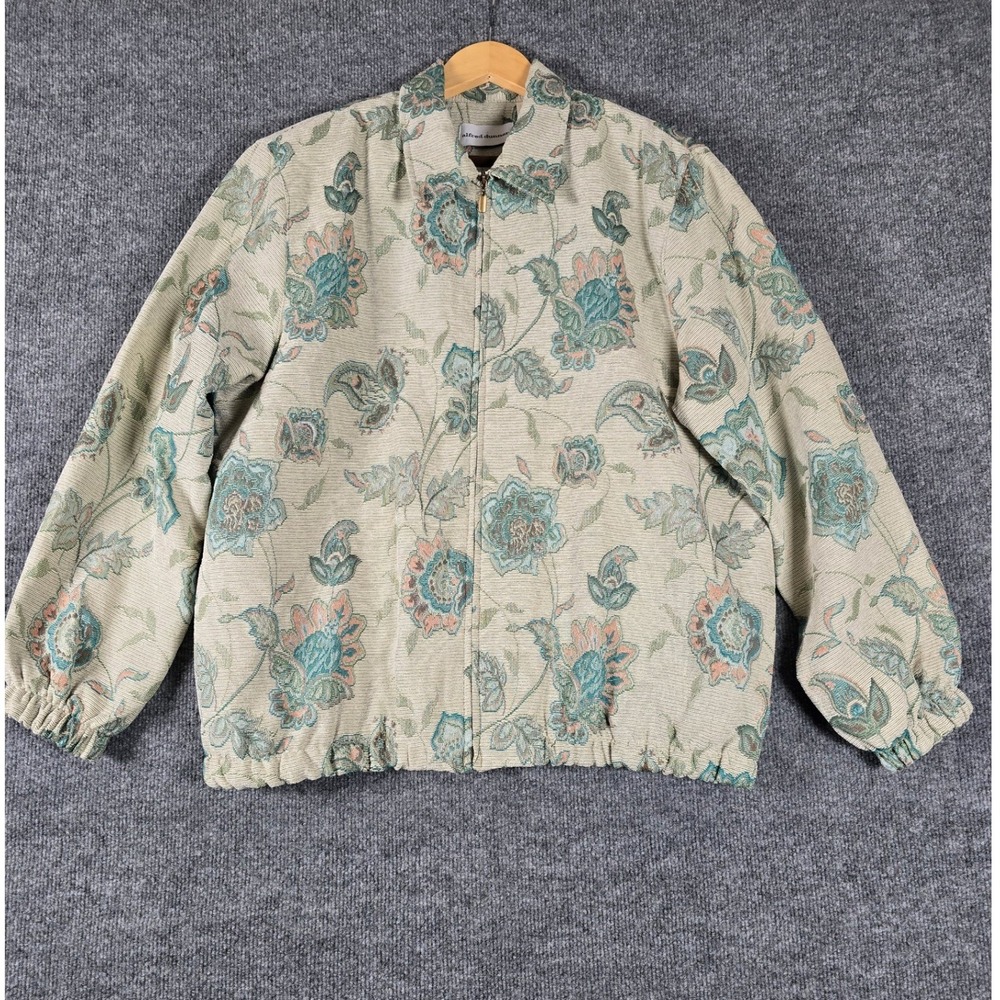 Alfred Dunner Women's Floral Print Zip Front Jacket Size 16 Beige Blue